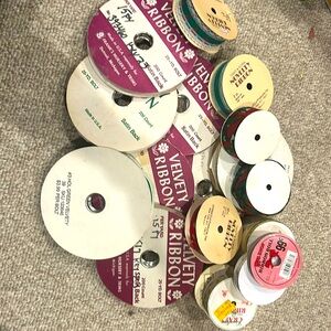 So many ribbons!!! 18 spools of mostly velvety ribbon. Some lace Christmas theme